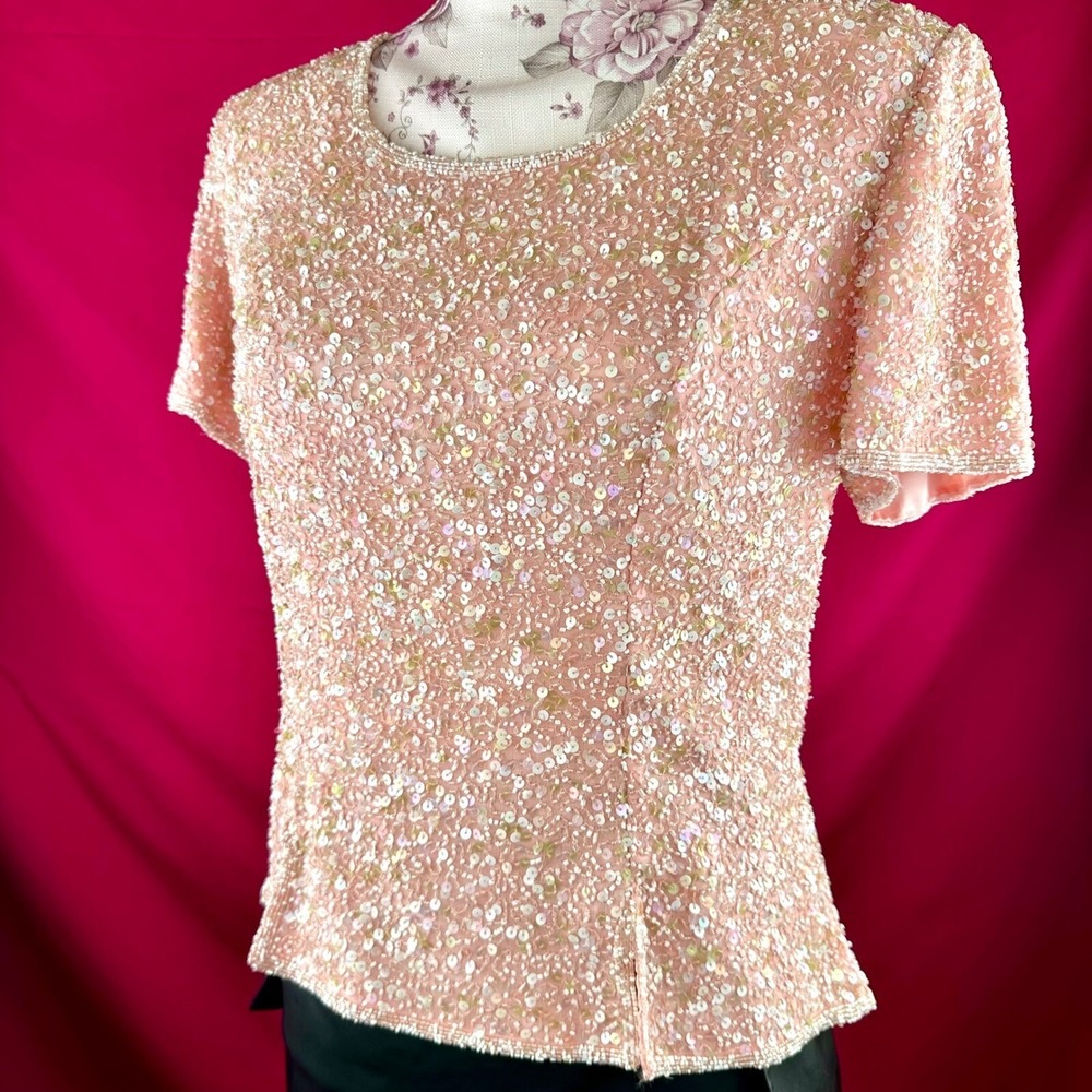 Pink Sequin Date Night Top Vintage Scala Silk Beaded Romantic Valentine Large - Picture 15 of 17